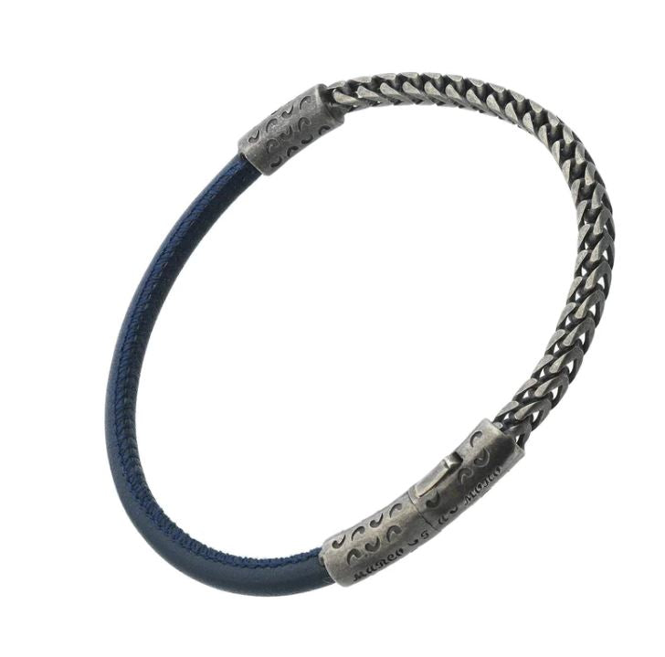 Marco Dal Maso Mixed Chain & Smooth Blue Leather Bracelet