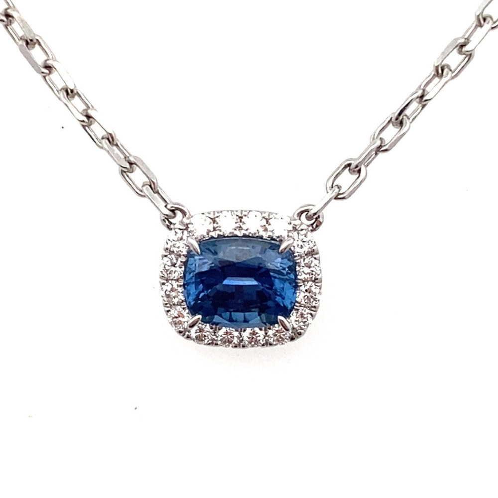 Cushion Sapphire and Diamond Halo Pendant on Paperclip Chain