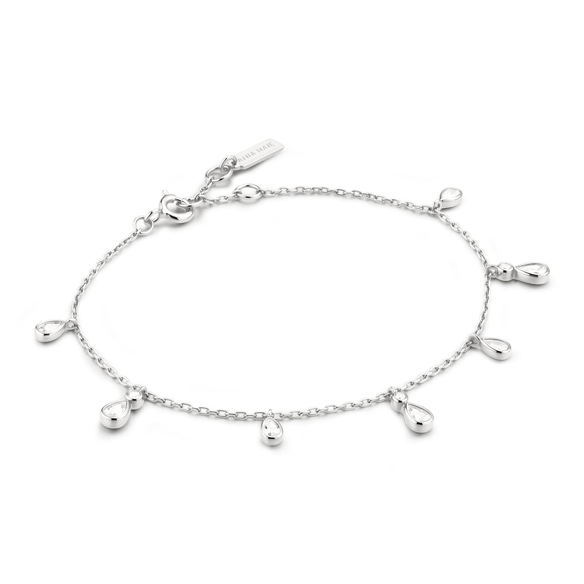 Silver Bezel-Set Teardrop Dangle Station Bracelet