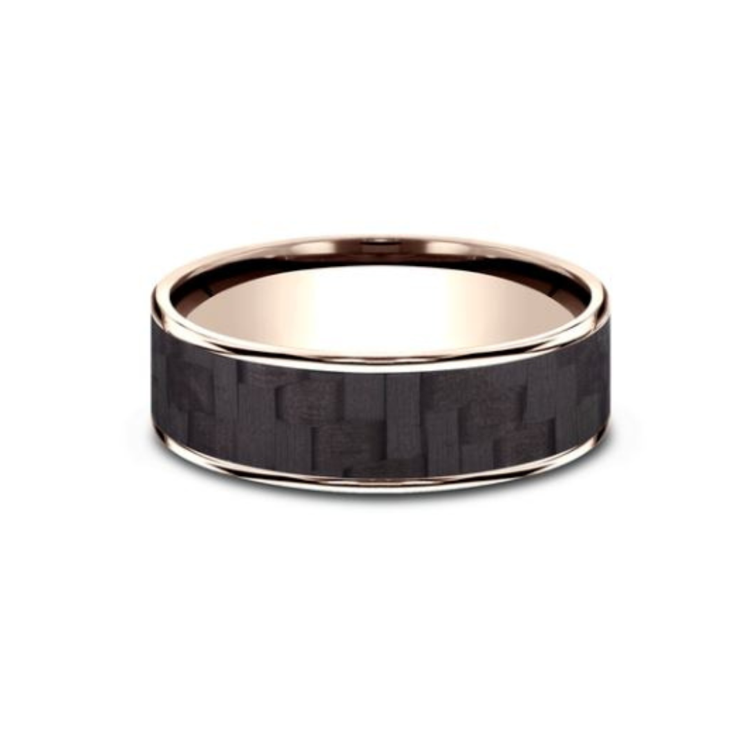 Benchmark "The Schumacher" Twilled Carbon Fiber Center Polished Edges Comfort Fit Wedding Band