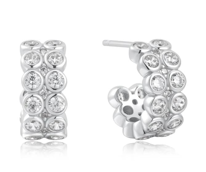 Ania Haie Silver Double Row White Cubic Zirconia Bezel Set Stud Huggie Earrings