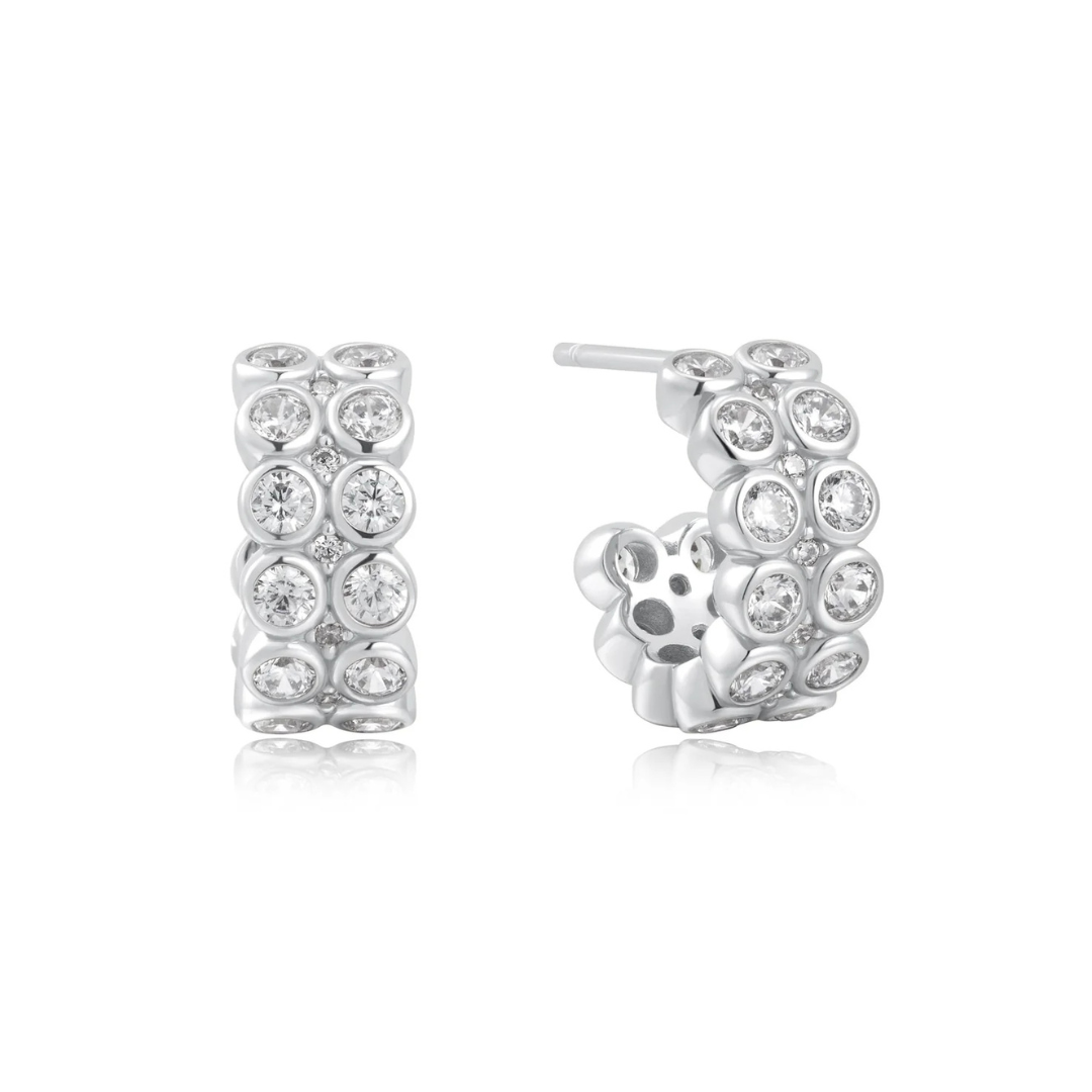 Ania Haie Silver Double Row White Cubic Zirconia Bezel Set Stud Huggie Earrings