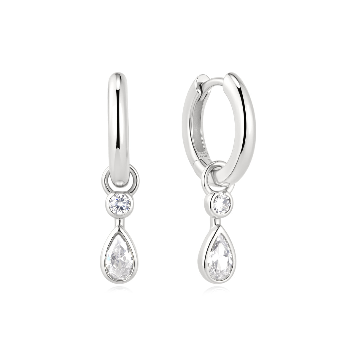 Silver Dangling Bezel Teardrop Huggie Hoop Earrings