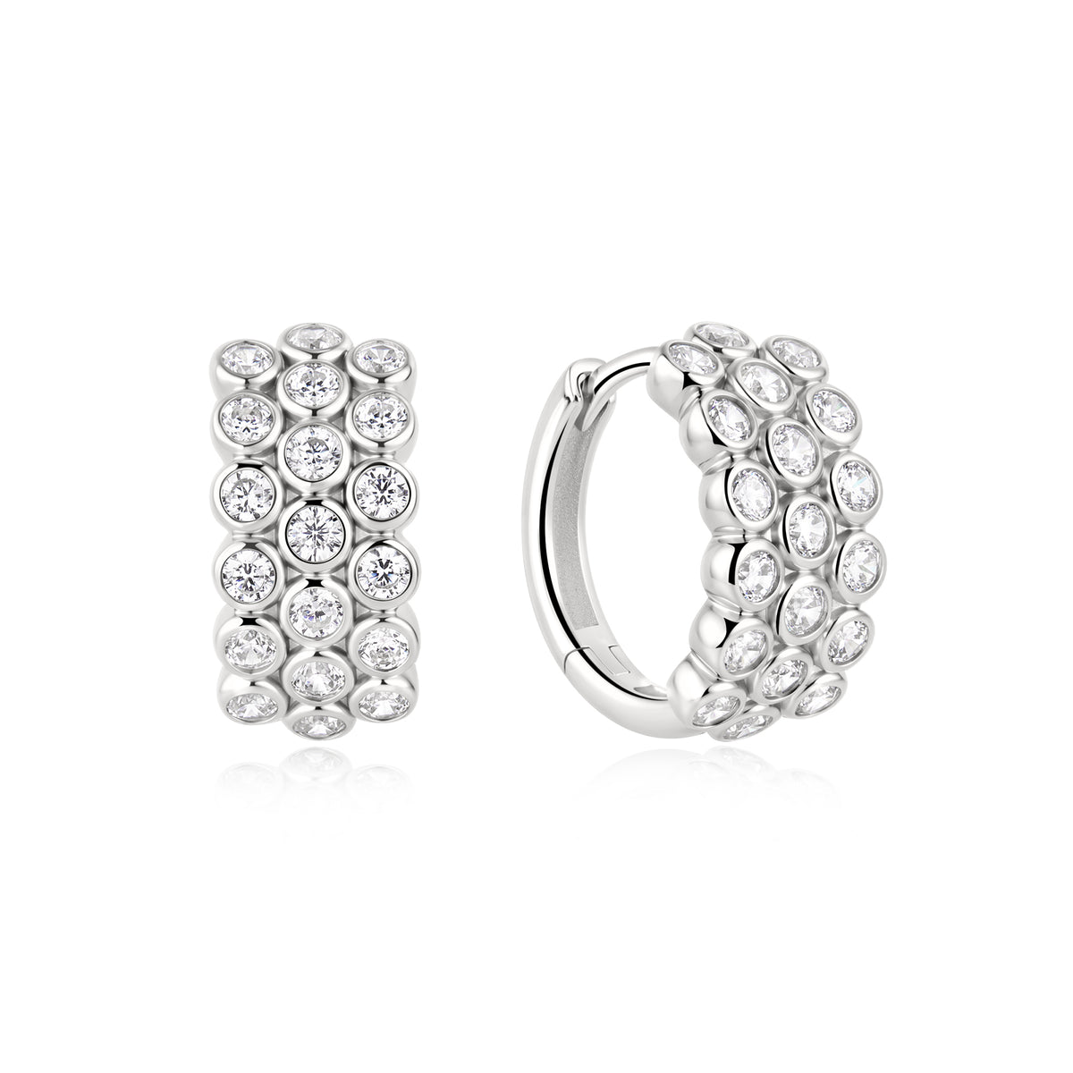 Silver Triple Row Bezel Huggie Hoop Earrings