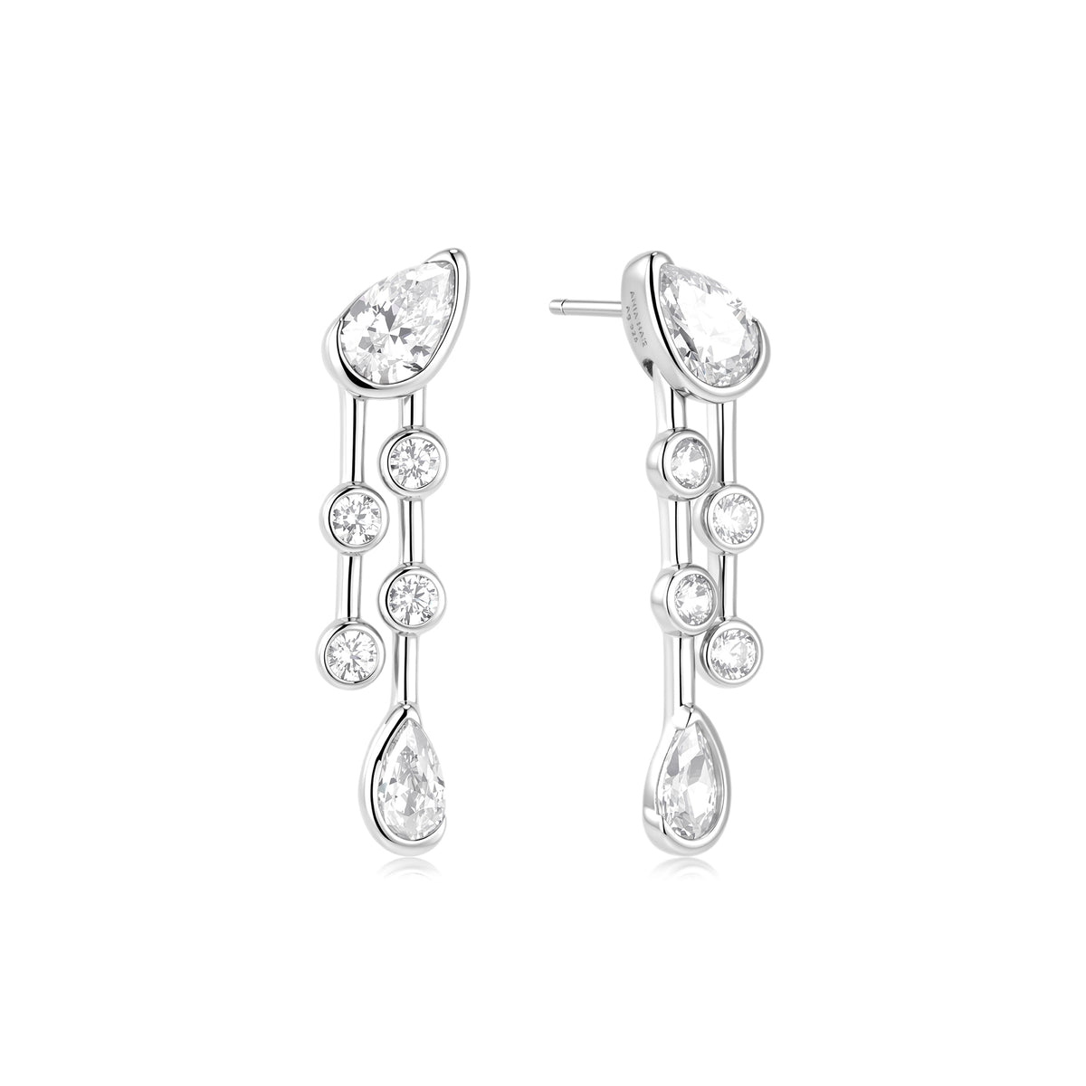 Silver Half-Bezel Teardrop Dual Drop Stud Earrings