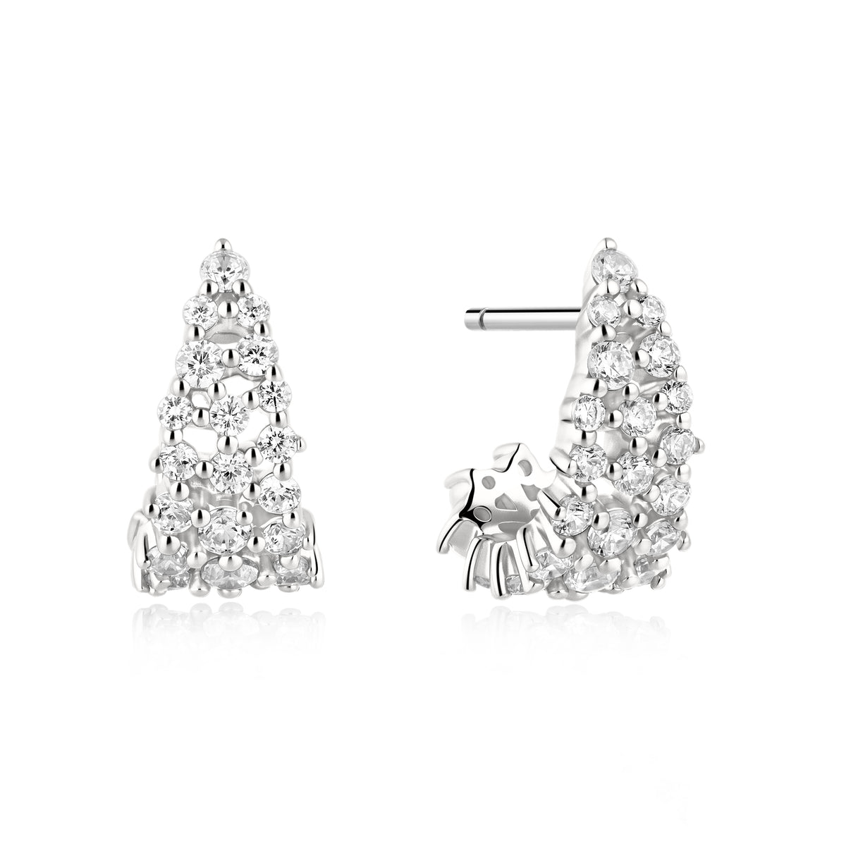 Silver Pave Openwork Curved Stud Hoop Earrings