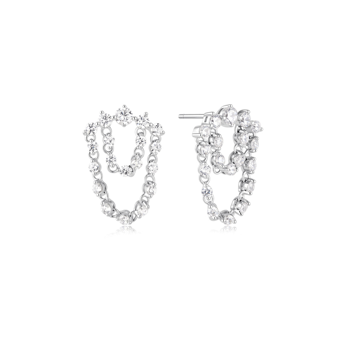 Silver Sparkling Arc with Double Chain Earrings