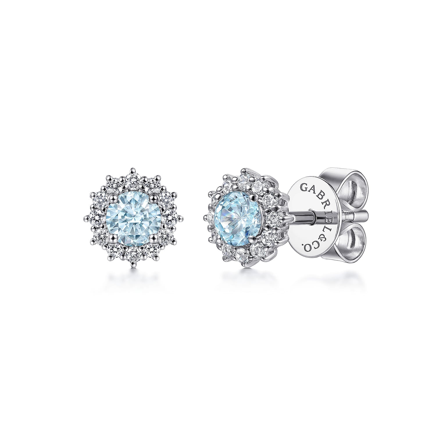 Gabriel & Co. Round Halo Aquamarine and Diamond Stud Earrings