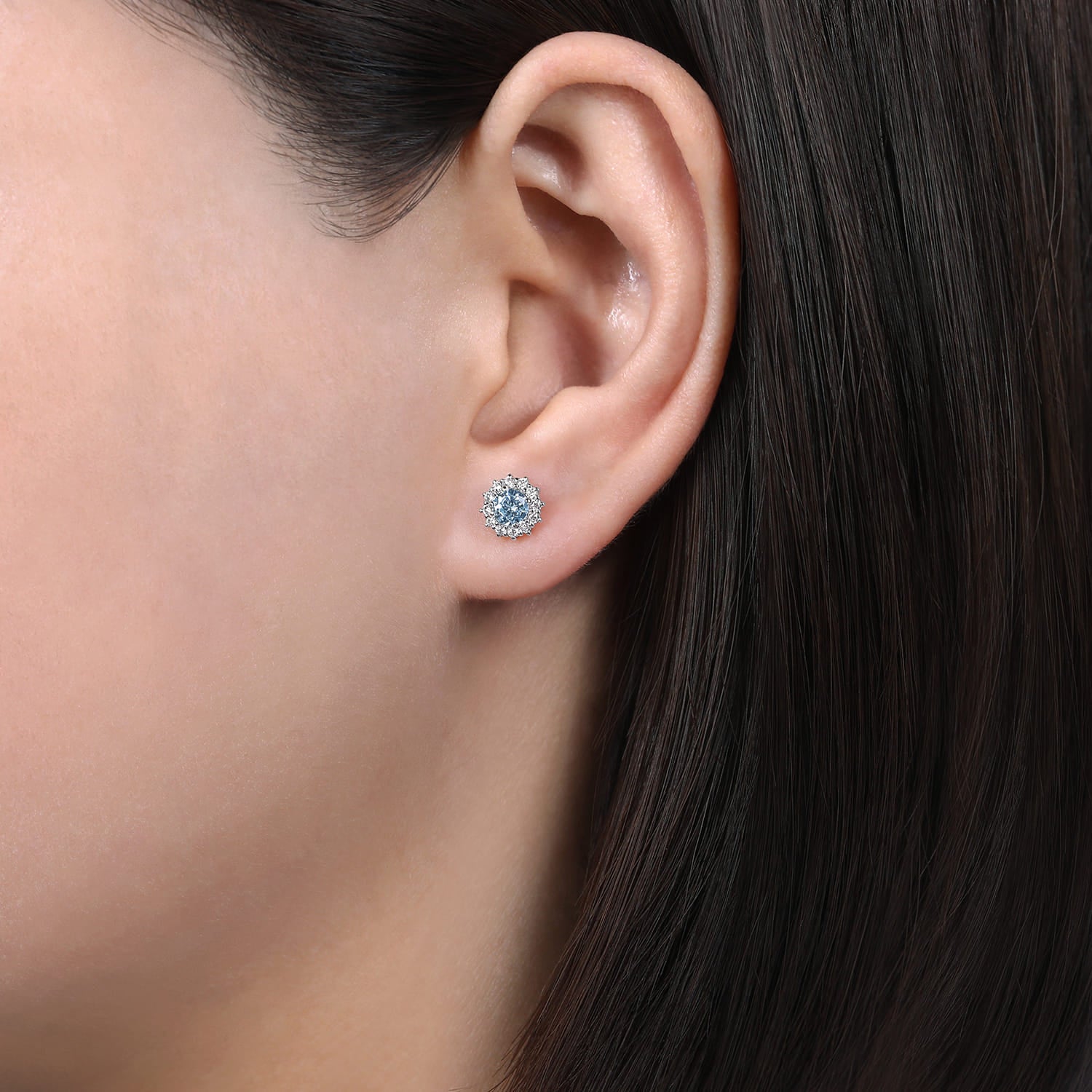 Gabriel & Co. Round Halo Aquamarine and Diamond Stud Earrings