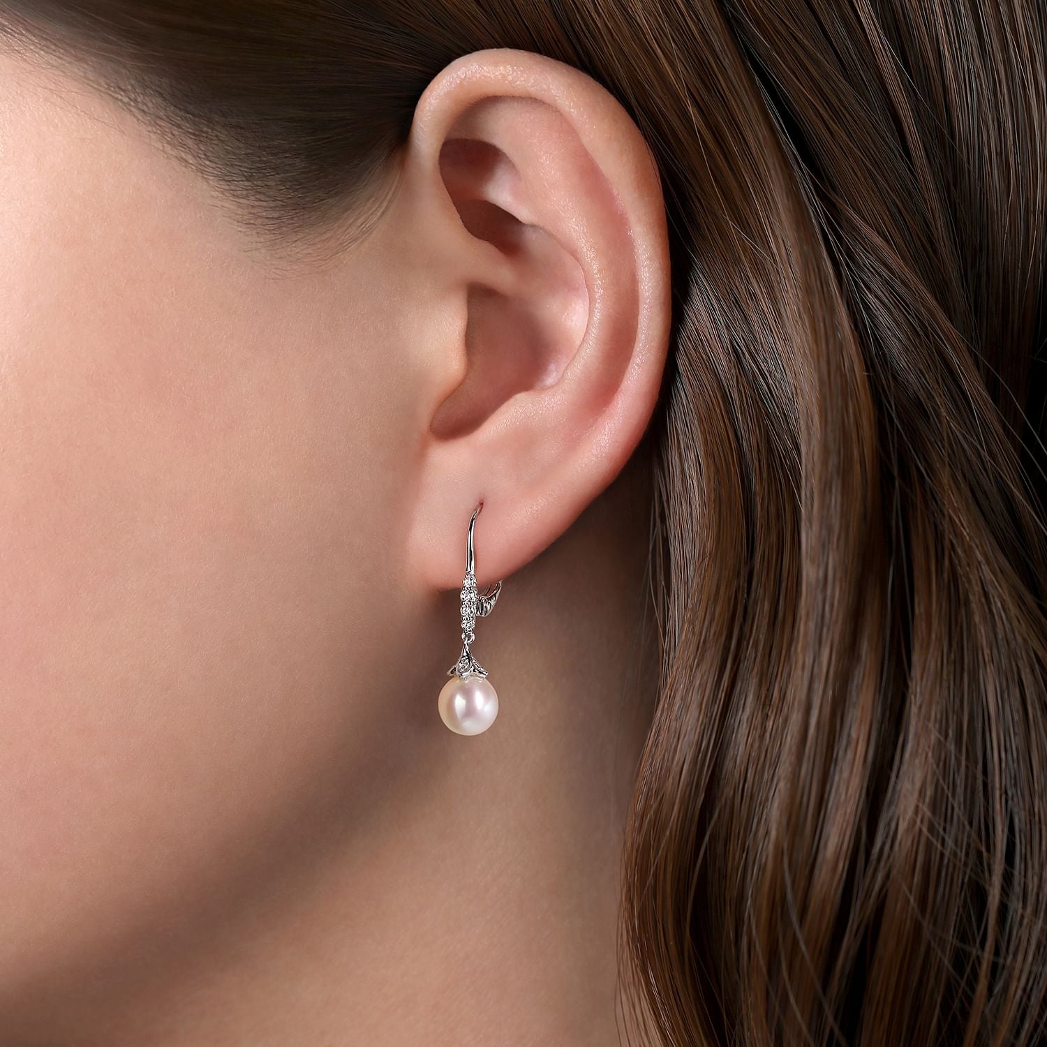 Gabriel & Co. Pearl and Pavé Diamond Drop Earrings