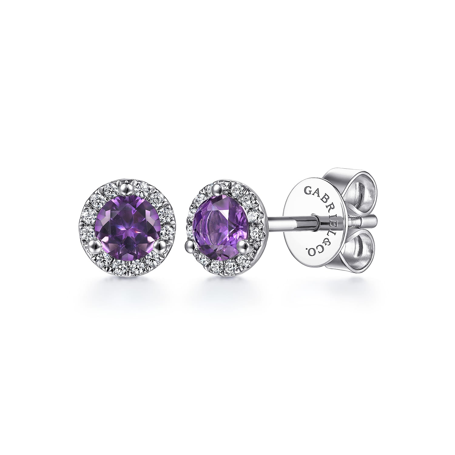 Gabriel & Co. White Gold Amethyst and Diamond Halo Stud Earrings