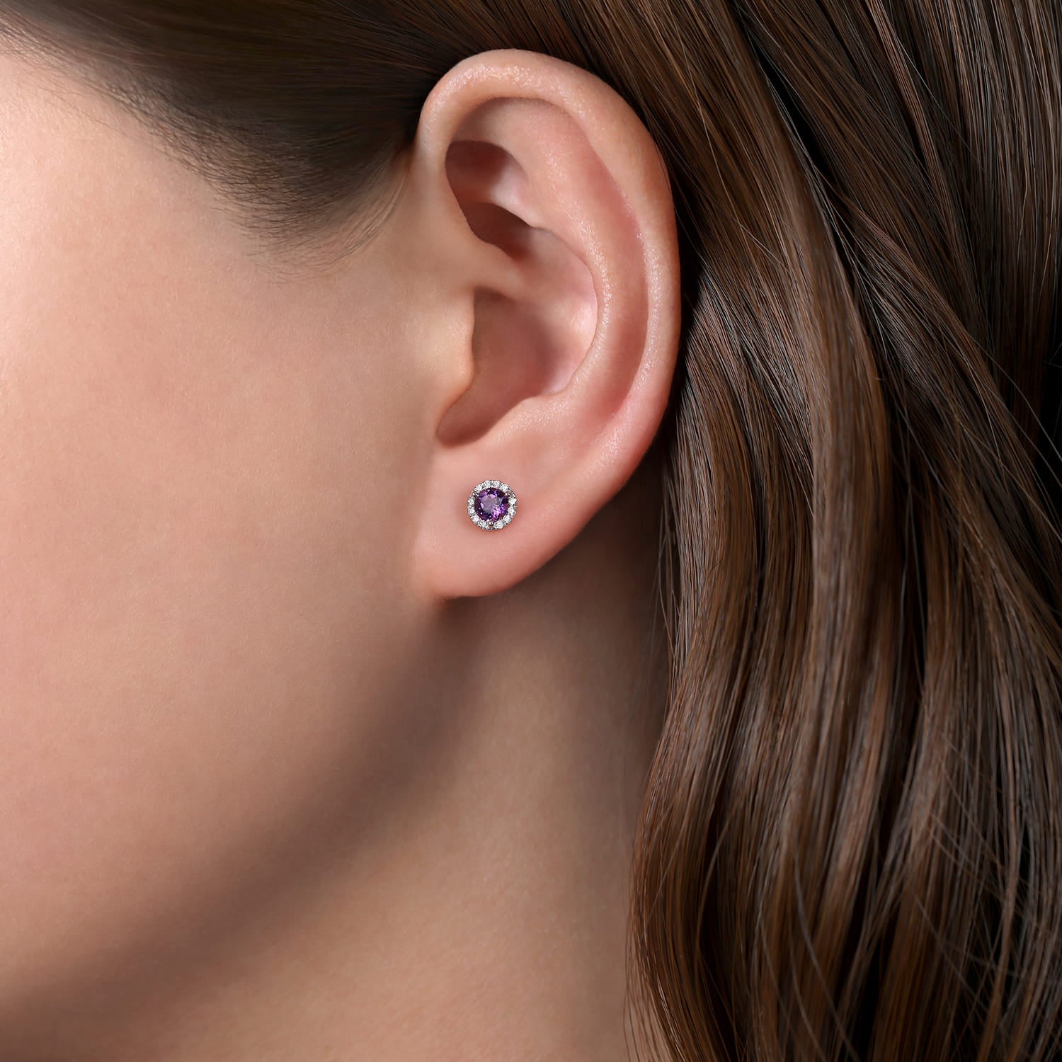 Gabriel & Co. White Gold Amethyst and Diamond Halo Stud Earrings