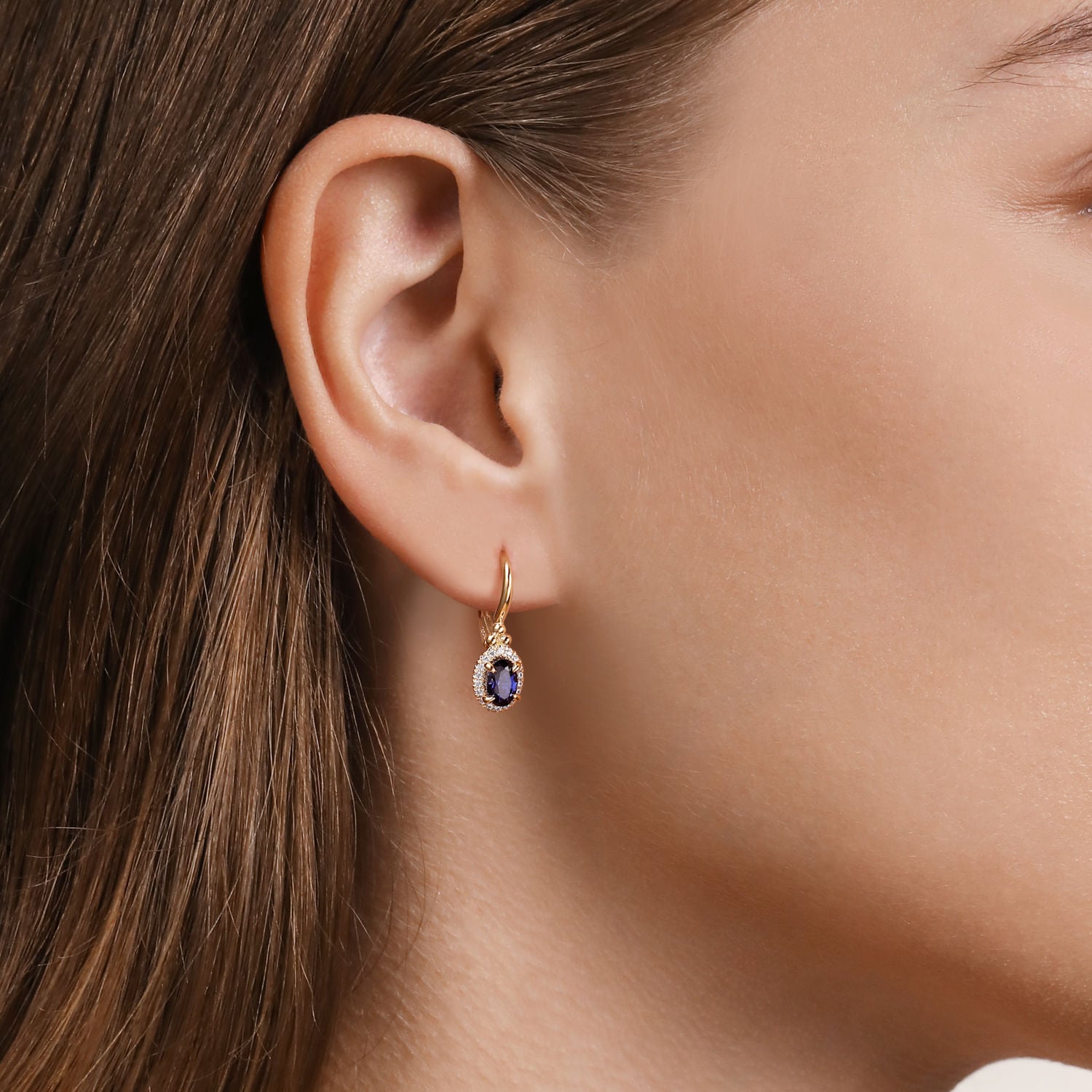 Gabriel & Co. Diamond Halo and Oval Blue Sapphire Leverback Earrings