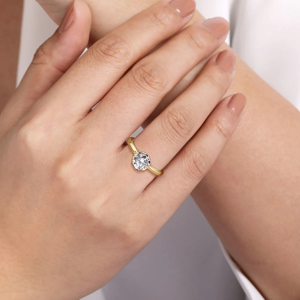 Gabriel & Co. 6 Prong Round Diamond Floral Nouveau Engagement Ring