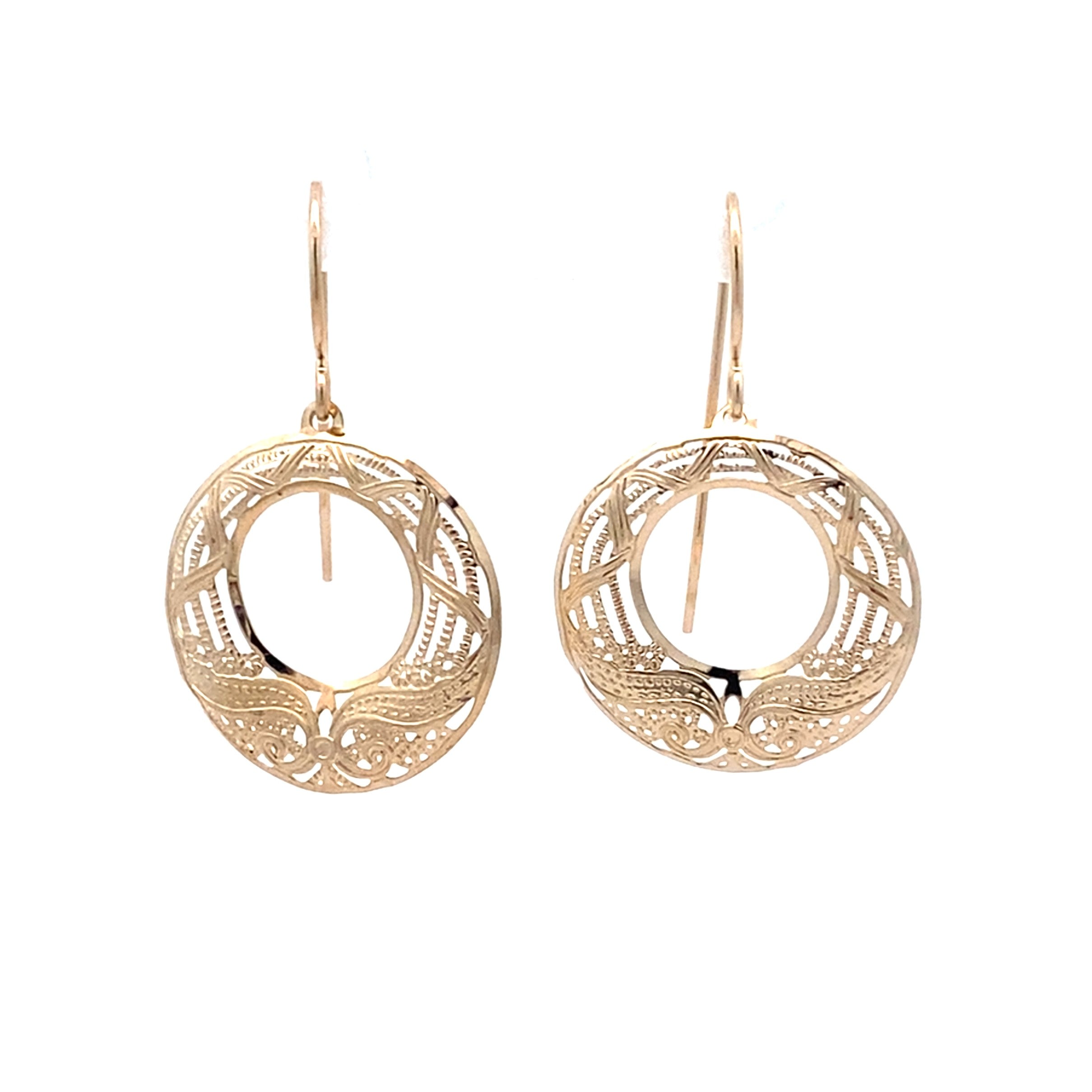 Circle Shaped Dangle Filigree Earrings 14KY