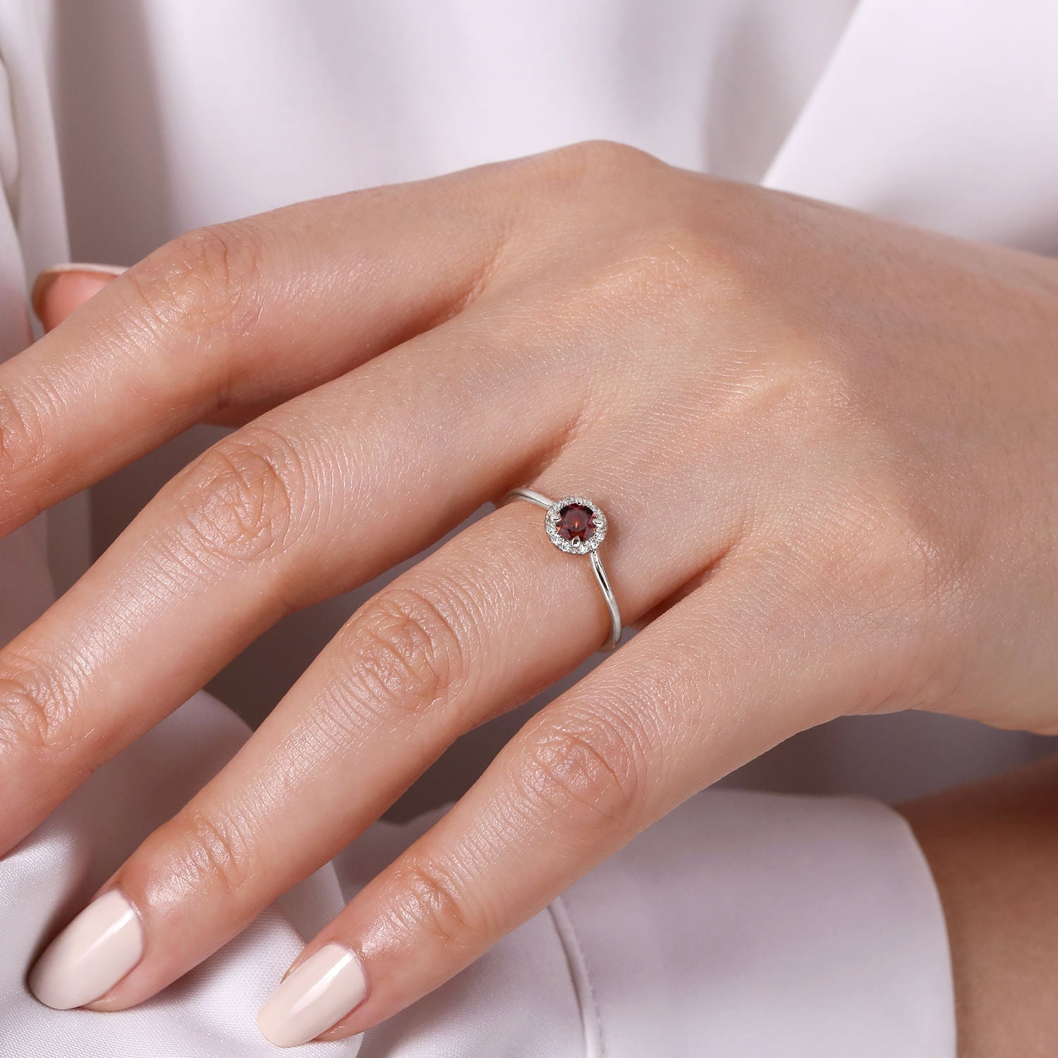 Gabriel & Co. Garnet and Diamond Halo Ring