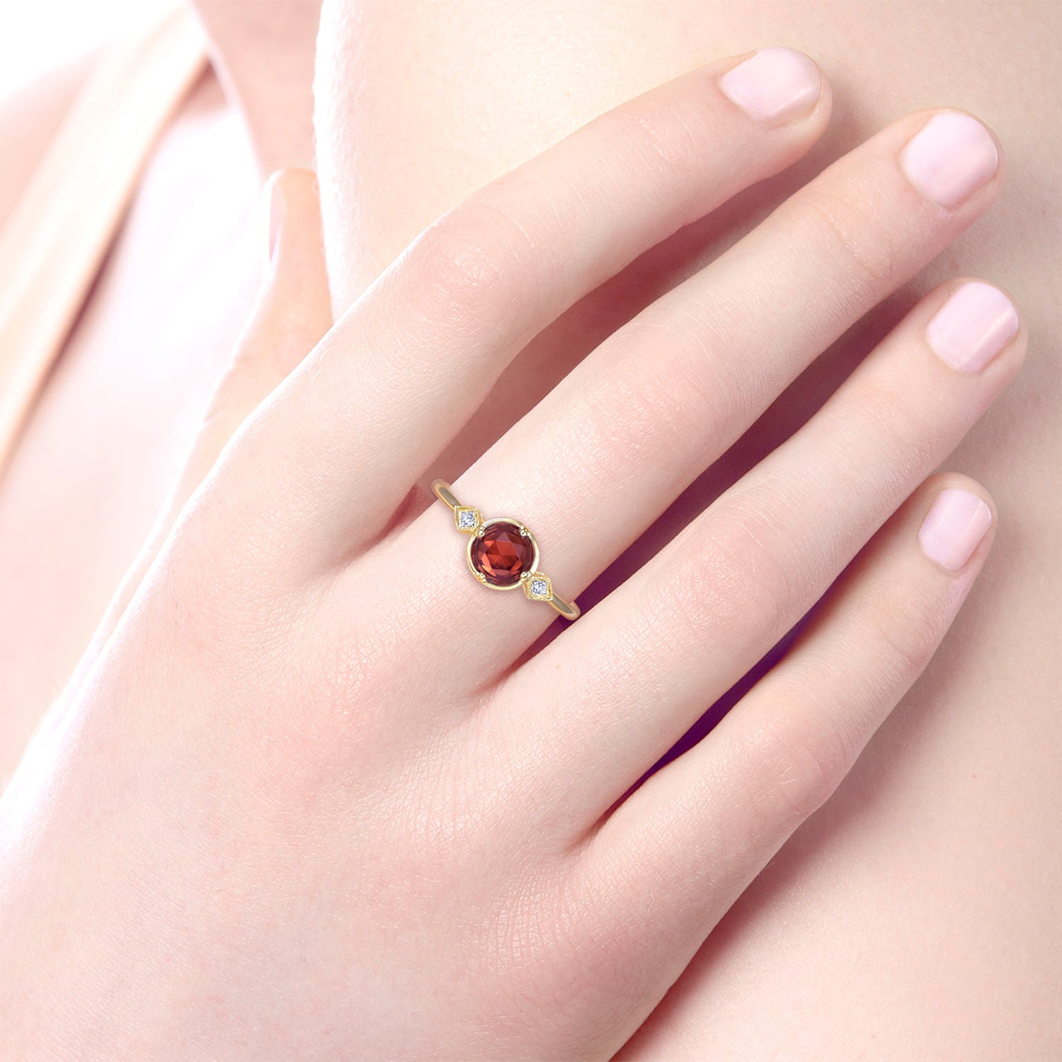 Gabriel & Co. Three Stone Garnet and Diamond Ring