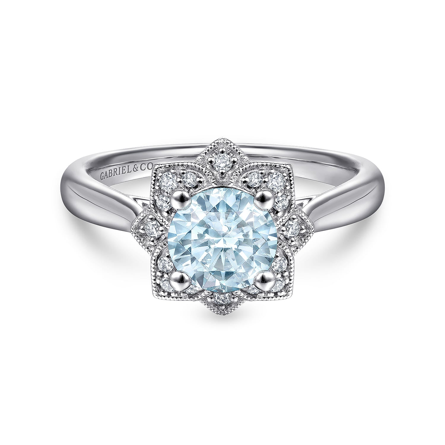 Flower Halo Aquamarine and Diamond Promise Ring
