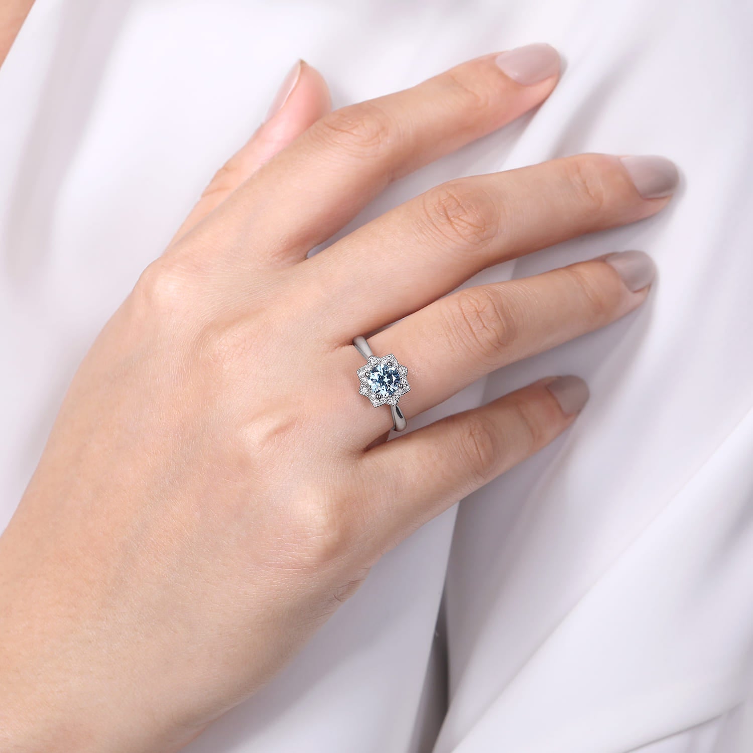 Flower Halo Aquamarine and Diamond Promise Ring