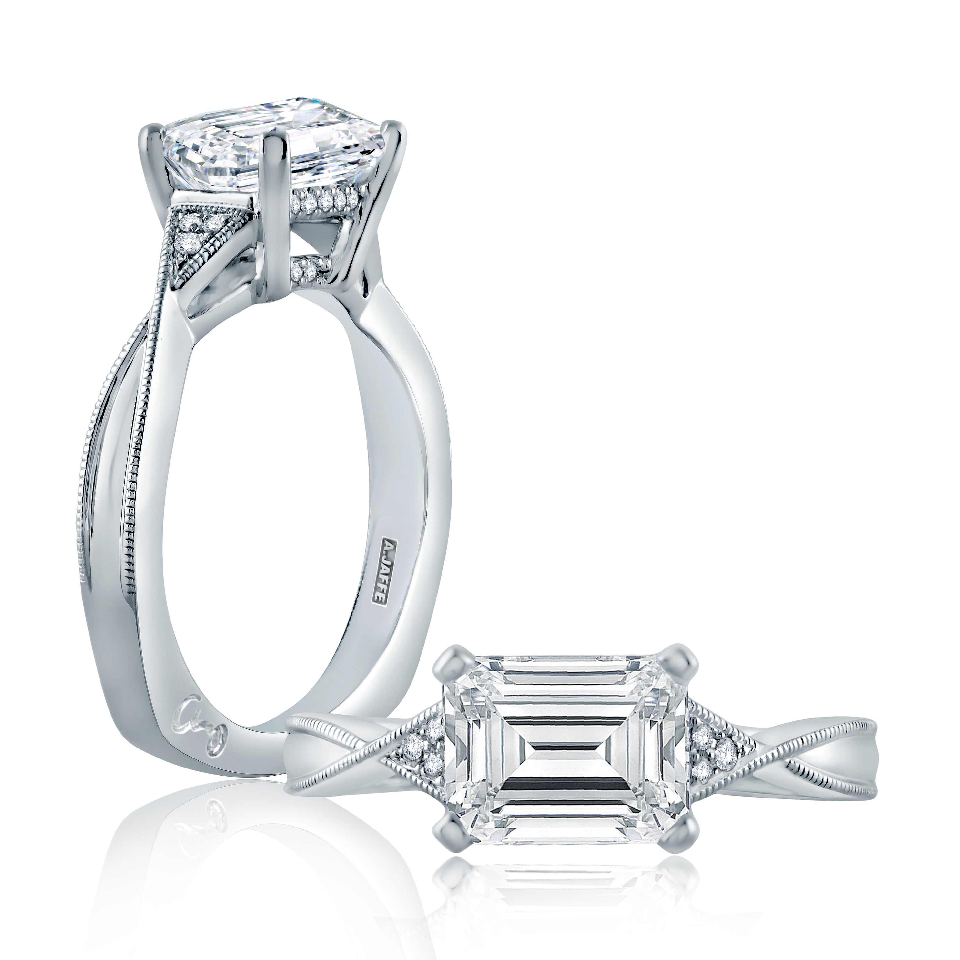 A.JAFFE East to West Emerald Cut Engagement Ring with Hidden Halo