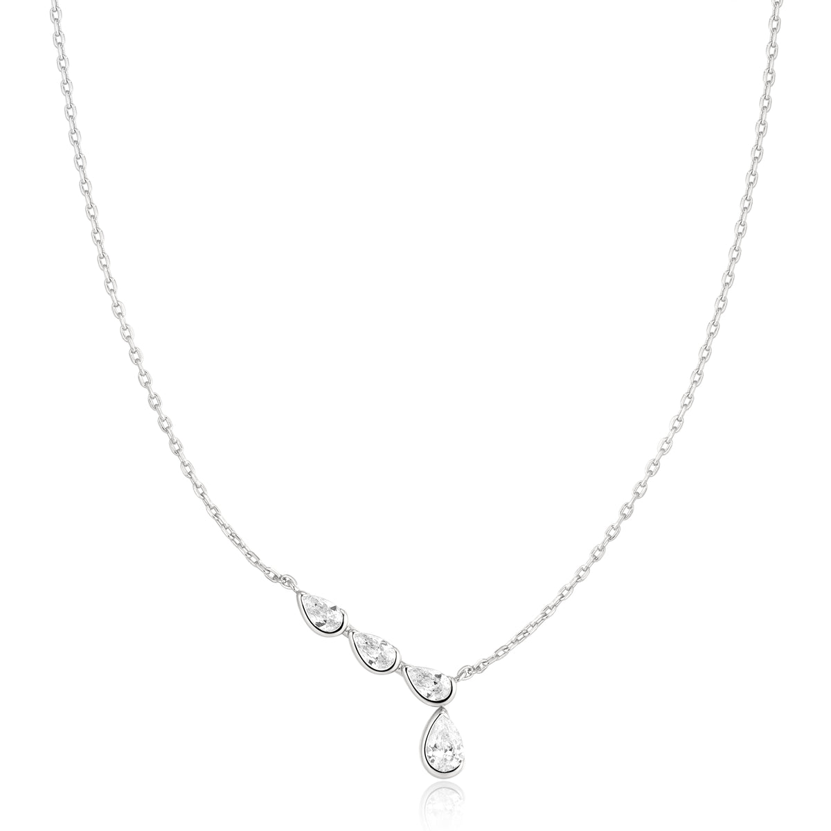 Silver Half-Bezel Angled & Dangle Teardrop Necklace