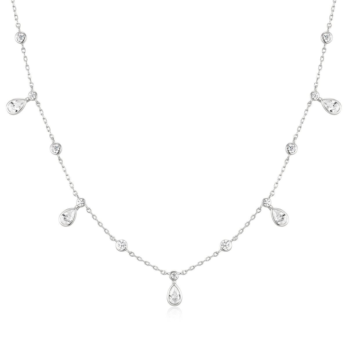 Silver Bezel Round & Teardrop Drop Station Necklace