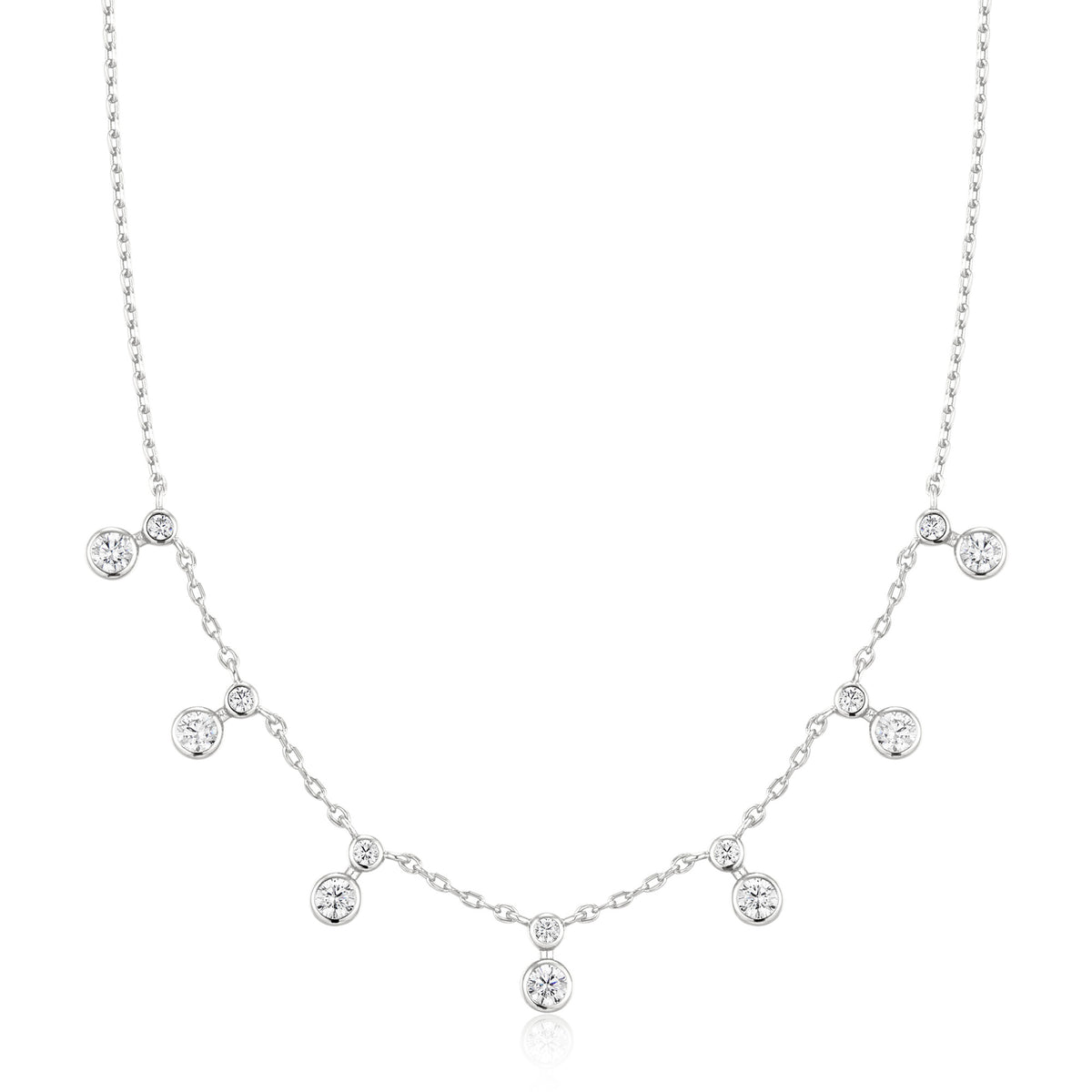 Silver Graduated Bezel Round Drop Station Necklace