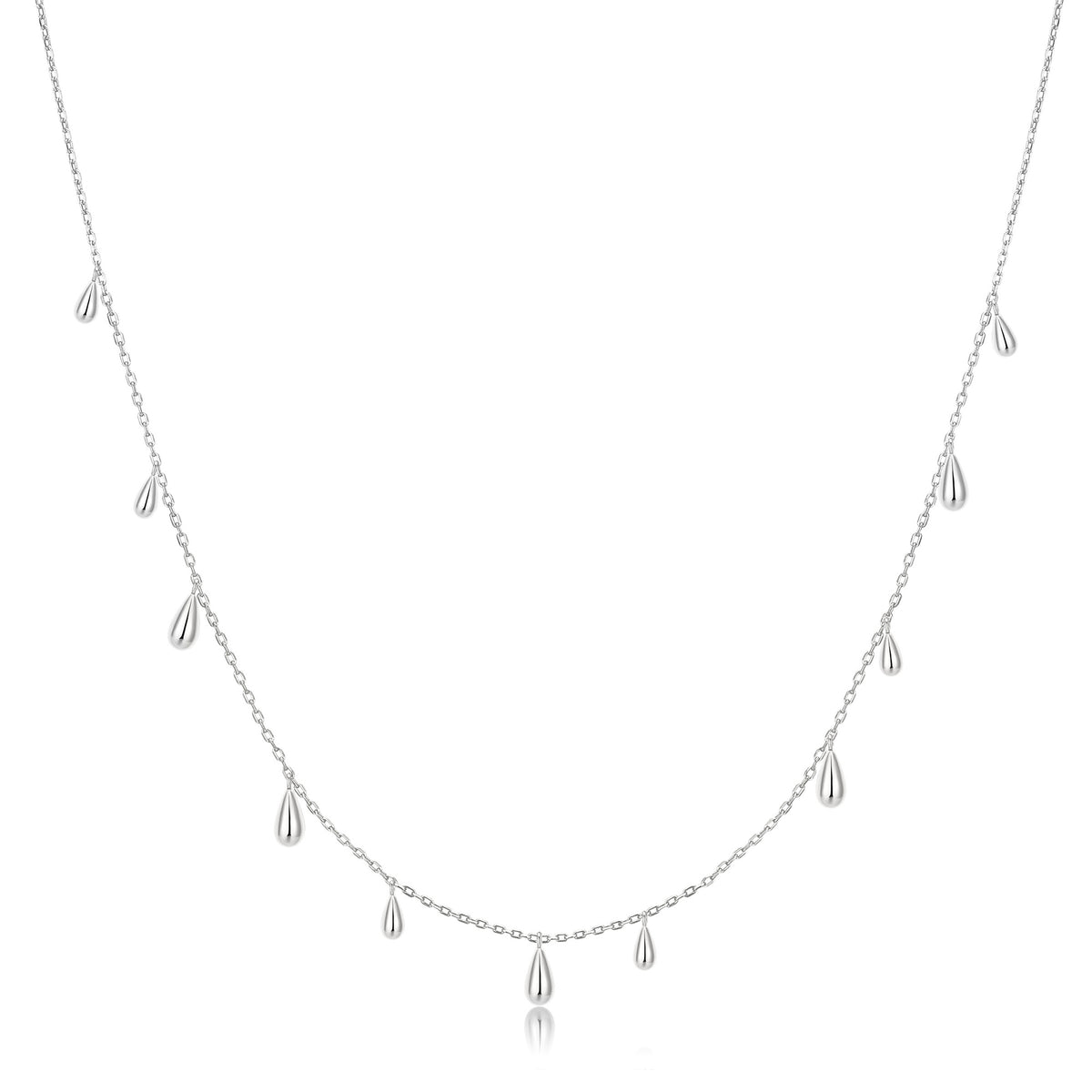 Silver Polished Teardrop Dangle Station Necklace