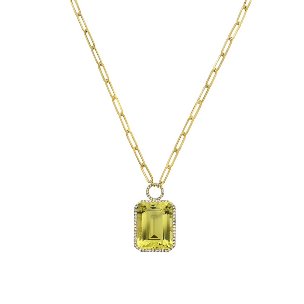 Emerald Cut Green Quartz and Diamond Halo Necklace