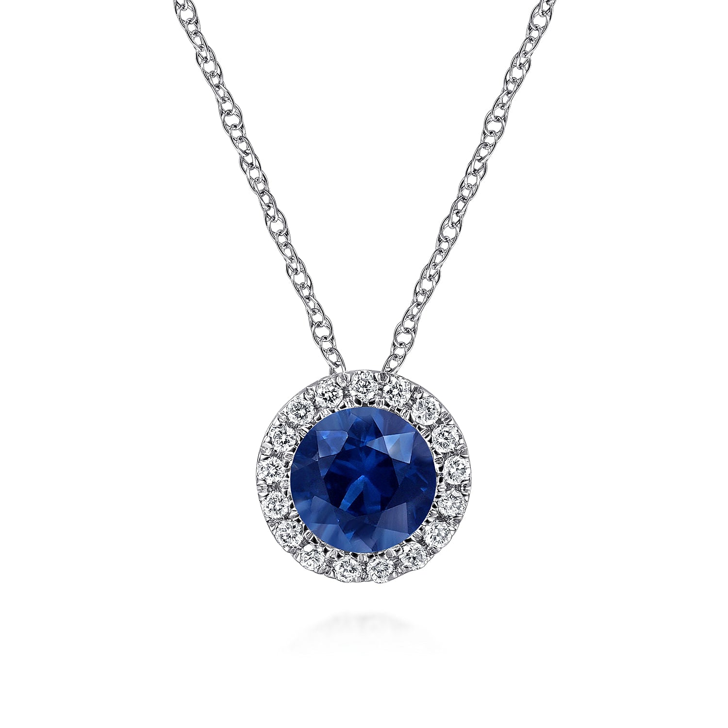 Gabriel & Co. Sapphire and Diamond Halo Pendant Necklace