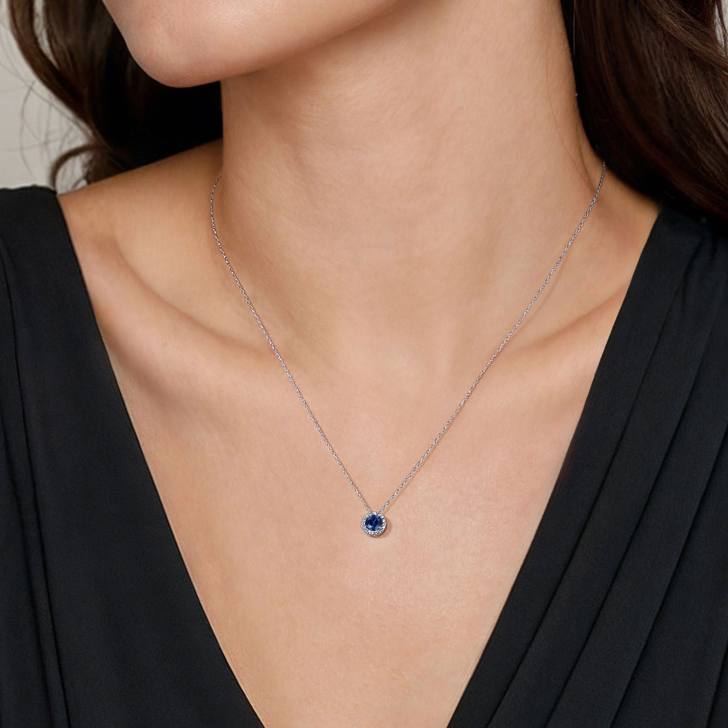 Gabriel & Co. Sapphire and Diamond Halo Pendant Necklace