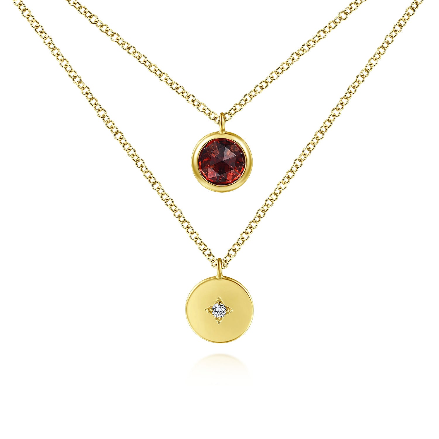 Gabriel & Co. Round Bezel Set Garnet and Diamond Disc Necklace