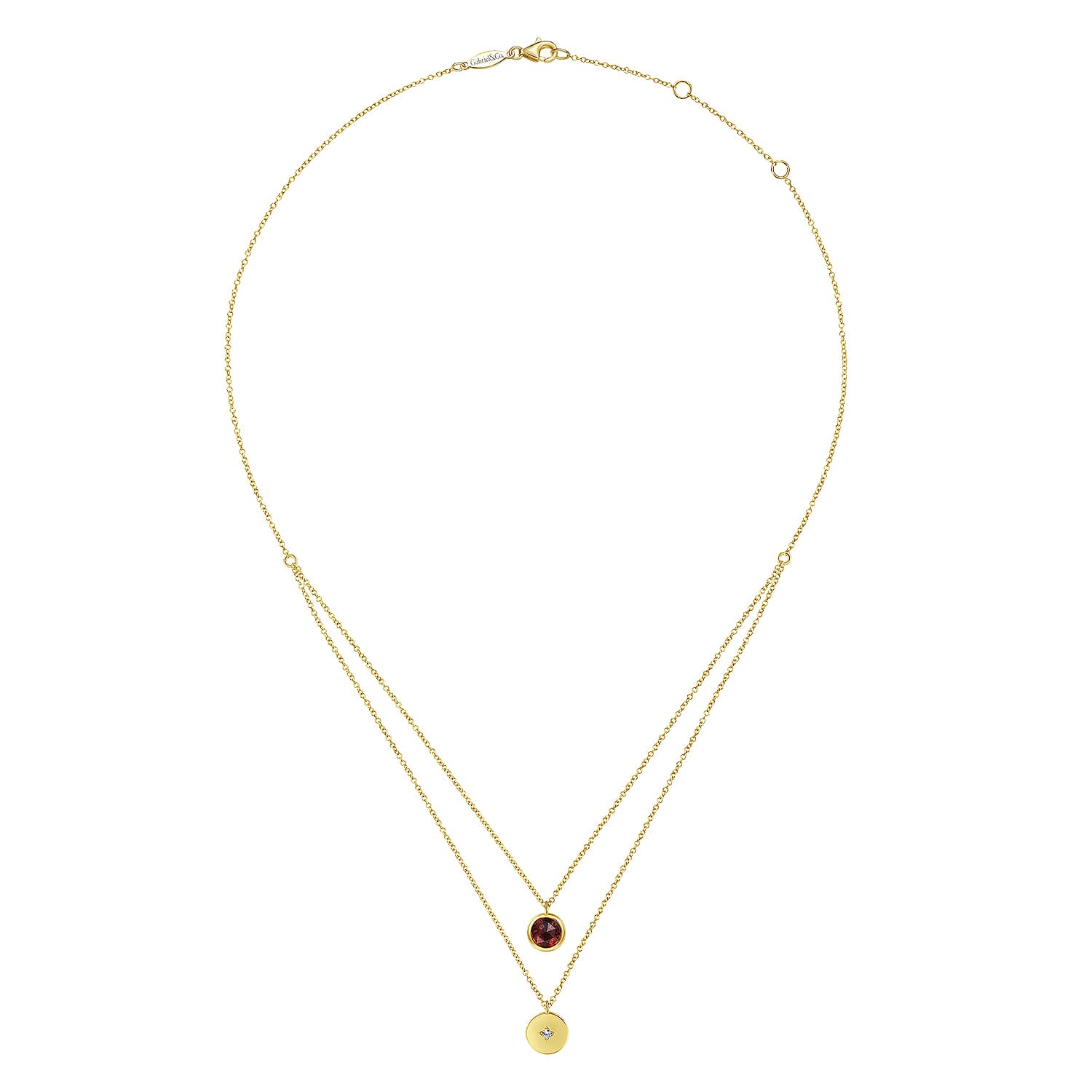 Gabriel & Co. Round Bezel Set Garnet and Diamond Disc Necklace