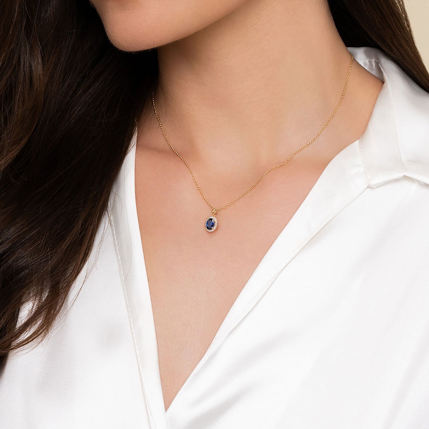 Gabriel & Co. Diamond Halo and Oval Blue Sapphire Pendant