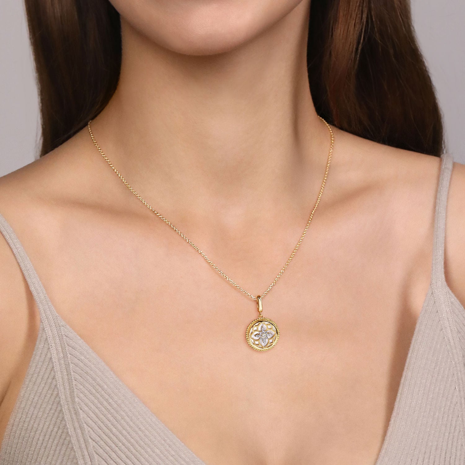 Gabriel & Co. Bujukan Diamond and Mother of Pearl Medallion Pendant