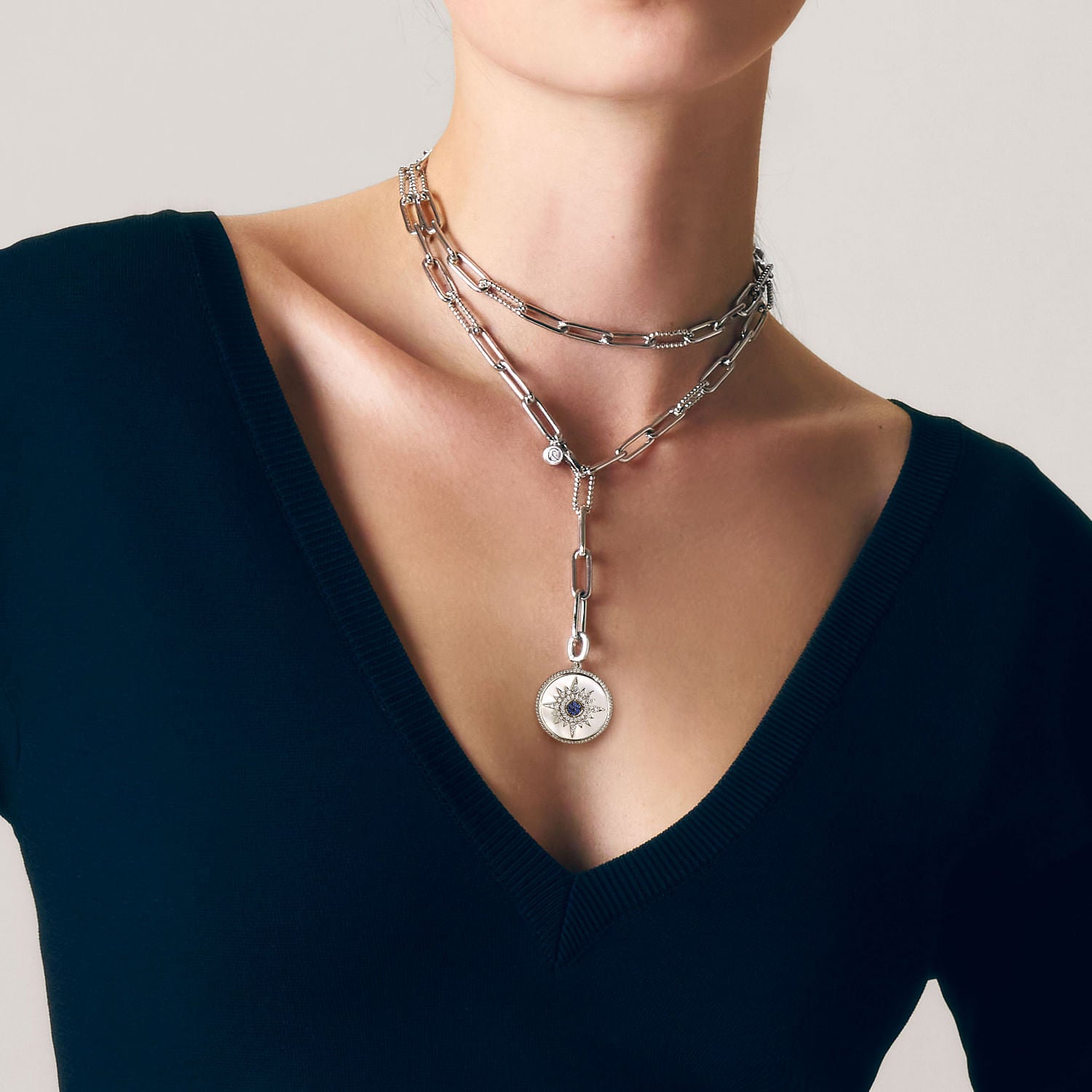Gabriel & Co. Starburst Blue Sapphire and White Sapphire Bujukan Medallion Pendant