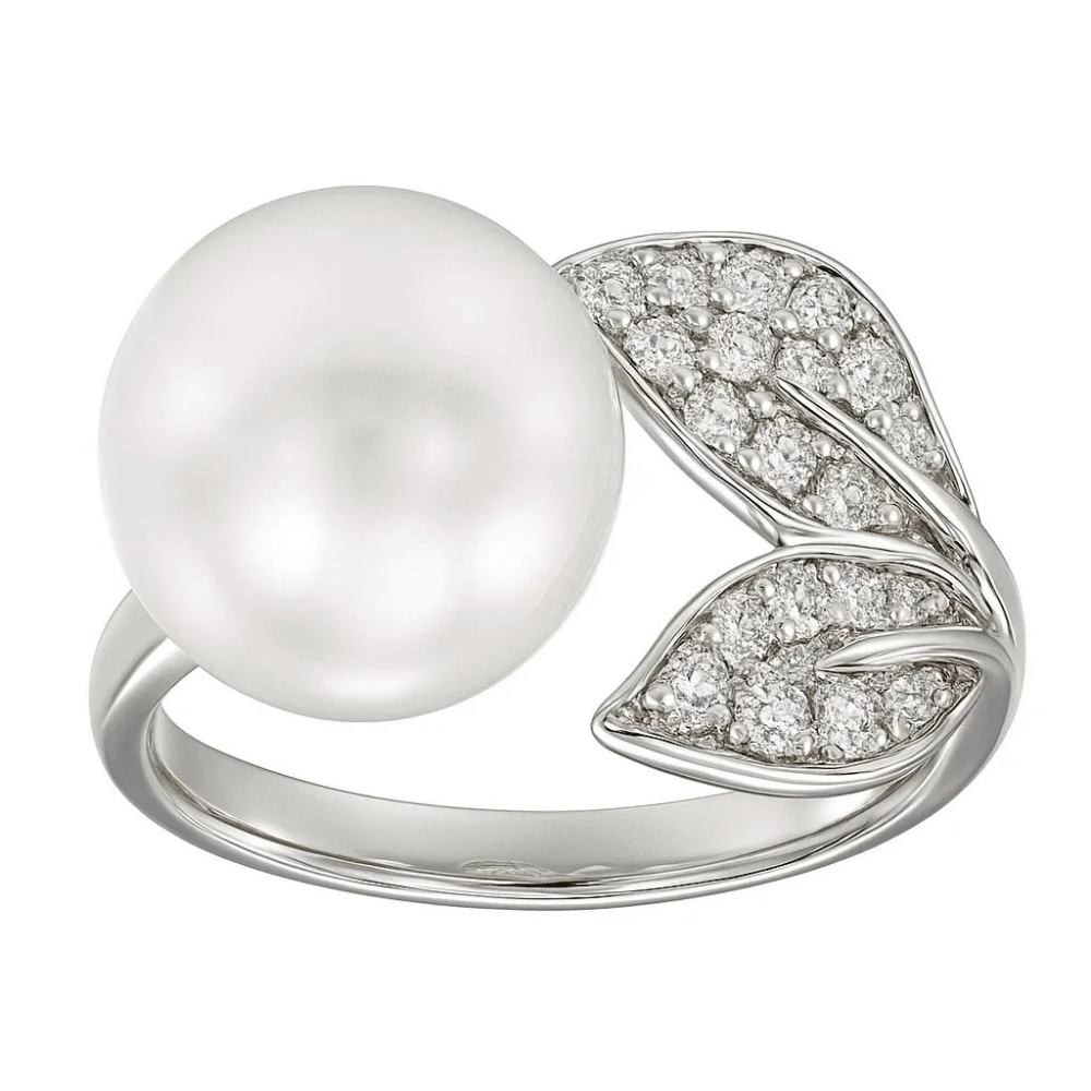 Pearl and Diamond Leaf Ring