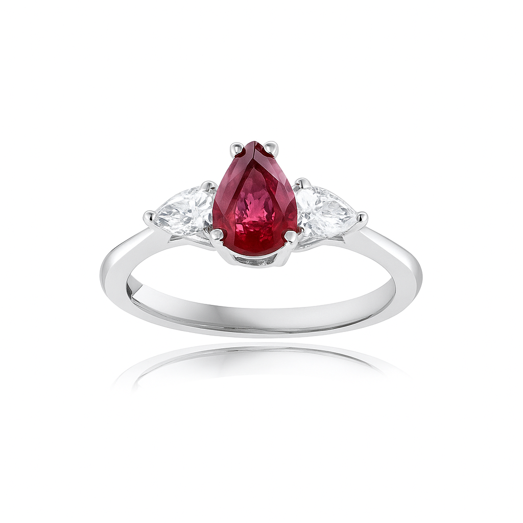 Pear Ruby and Diamond Three-Stone Ring