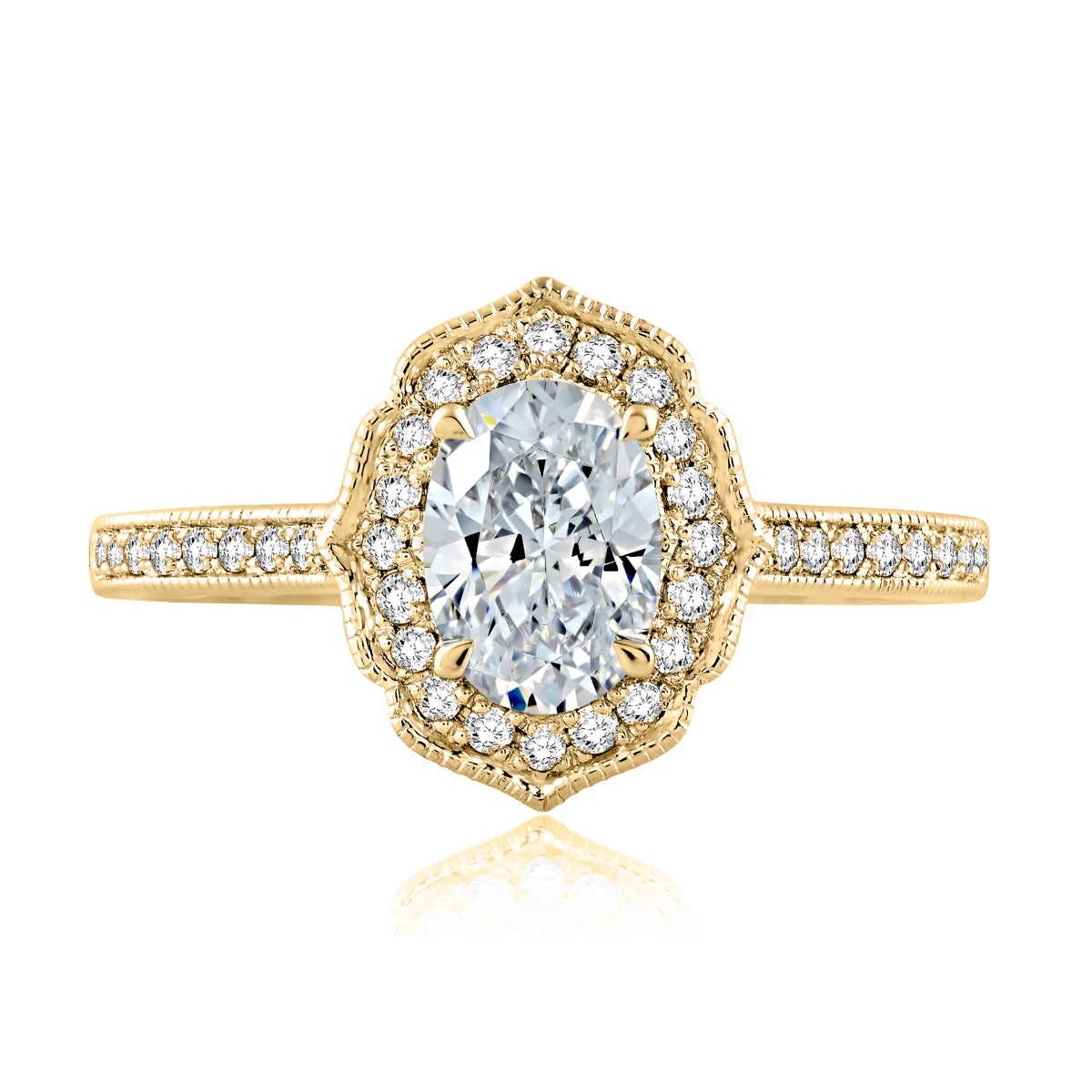 A.JAFFE Floral Inspired Milgrain Detail Halo Oval Engagement Ring