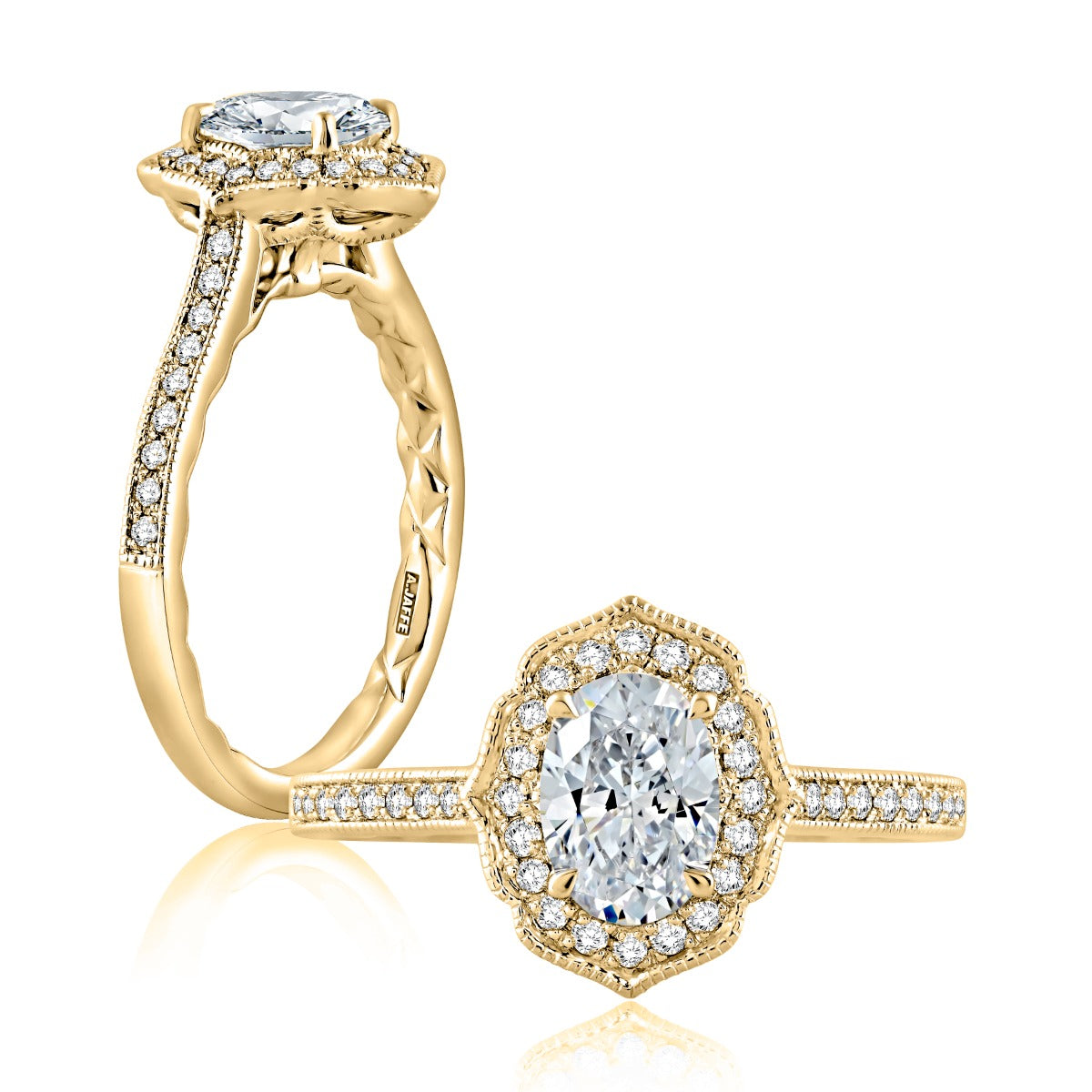 A.JAFFE Floral Inspired Milgrain Detail Halo Oval Engagement Ring